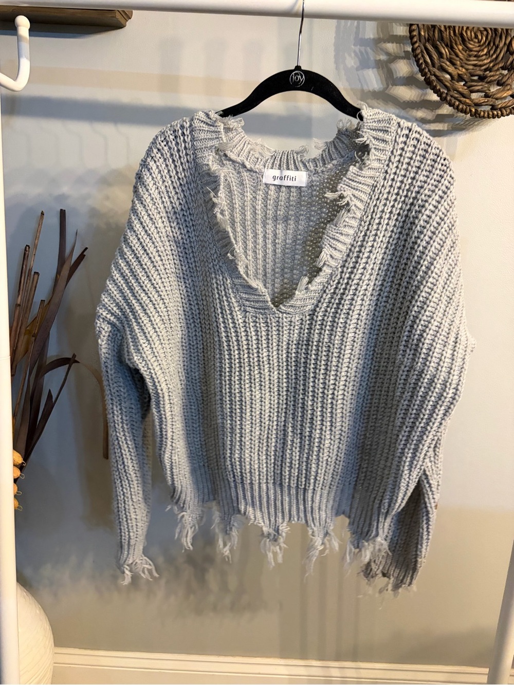 Graffiti Light Gray Distressed V-Neck Chunky Knit Distressed Sweater- M/L